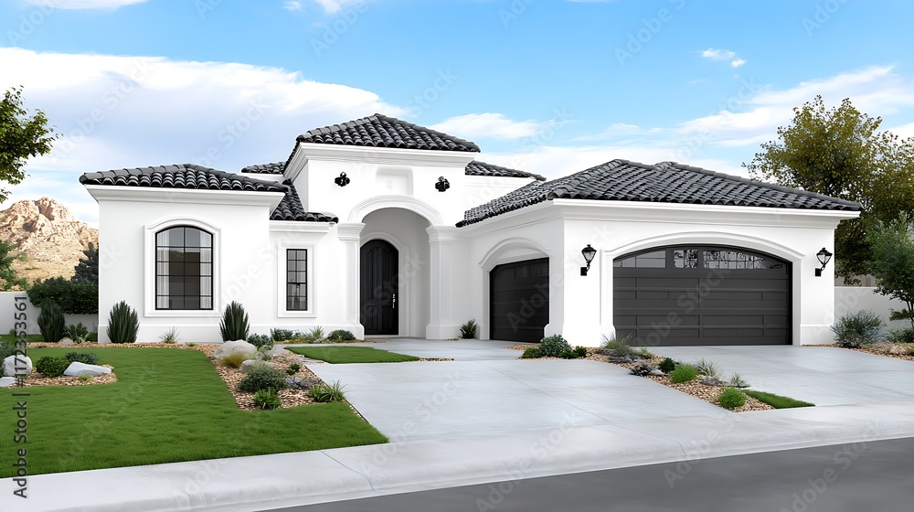 Modern white stucco house with a dark gray garage door and tile roof under a blue sky.