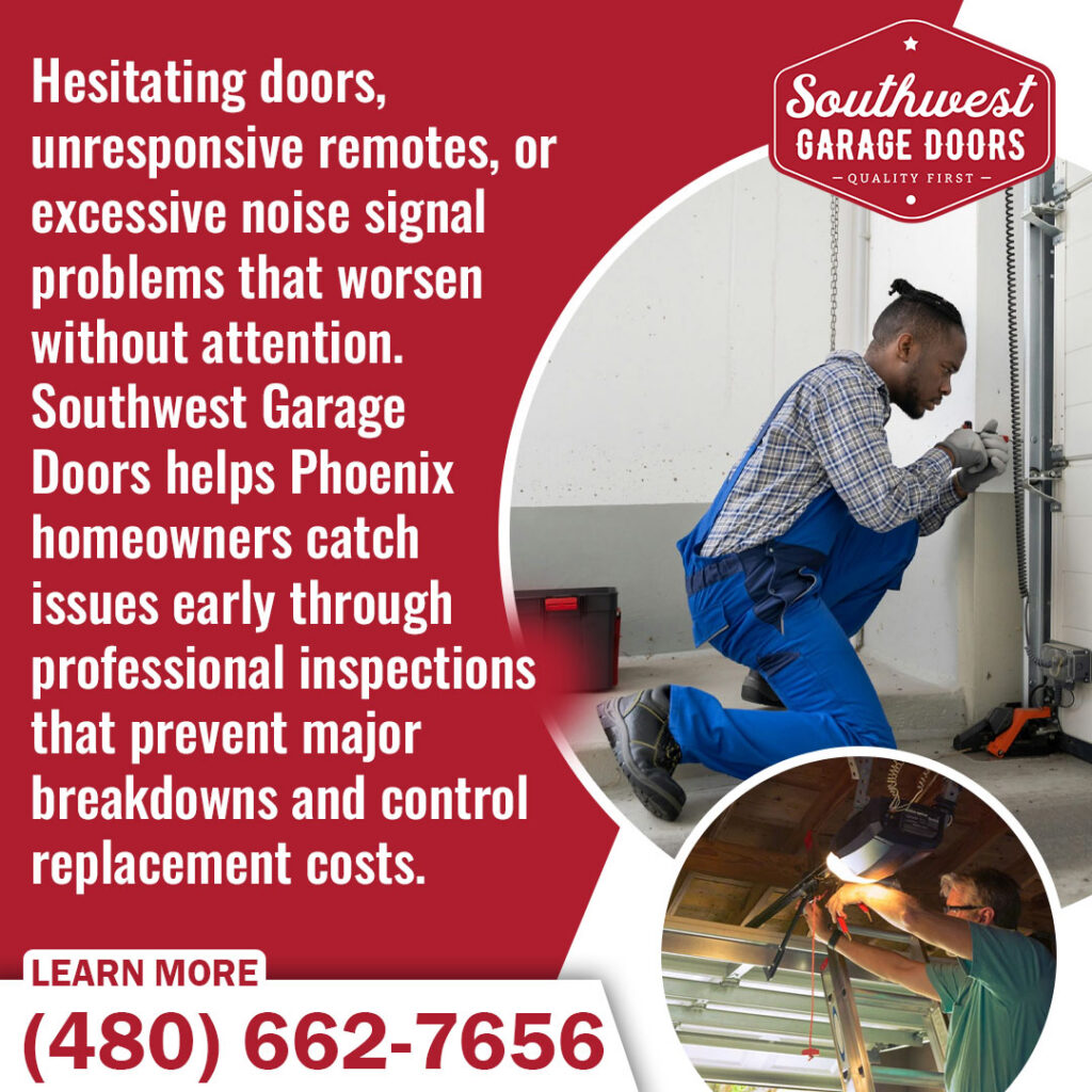 Technician tightening bolts and maintaining a residential garage door system with power tools