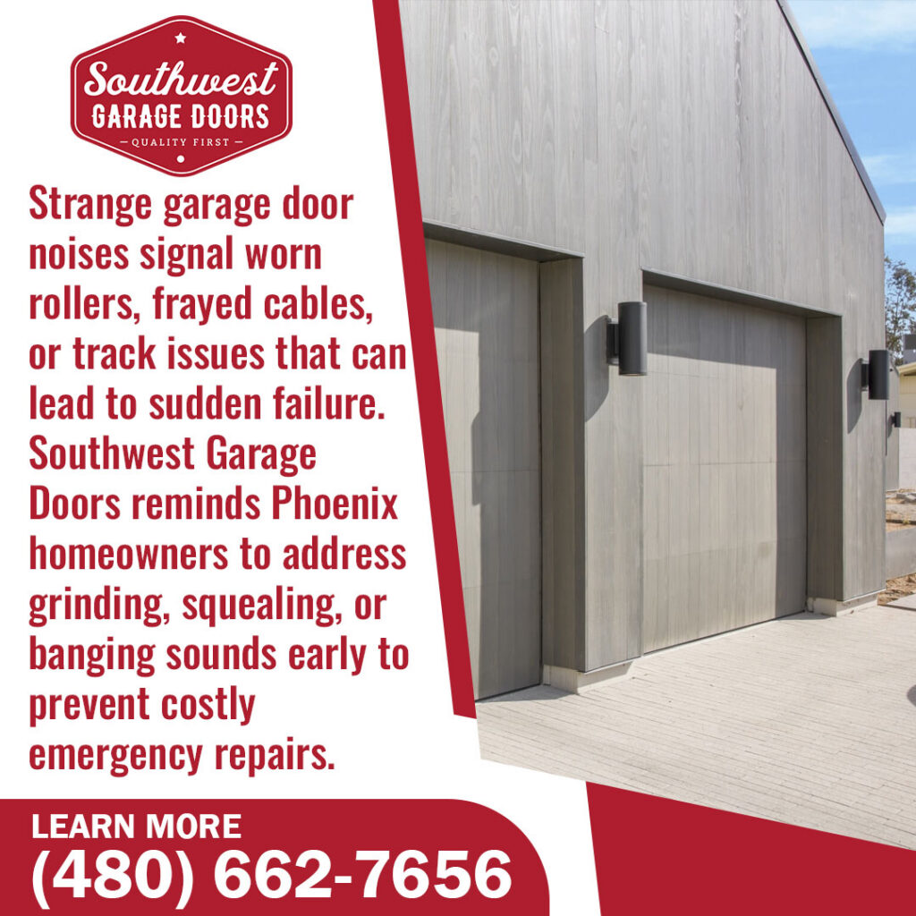 Technician repairing garage door opener beside warning signs about irregular movement, noise, and spring failure