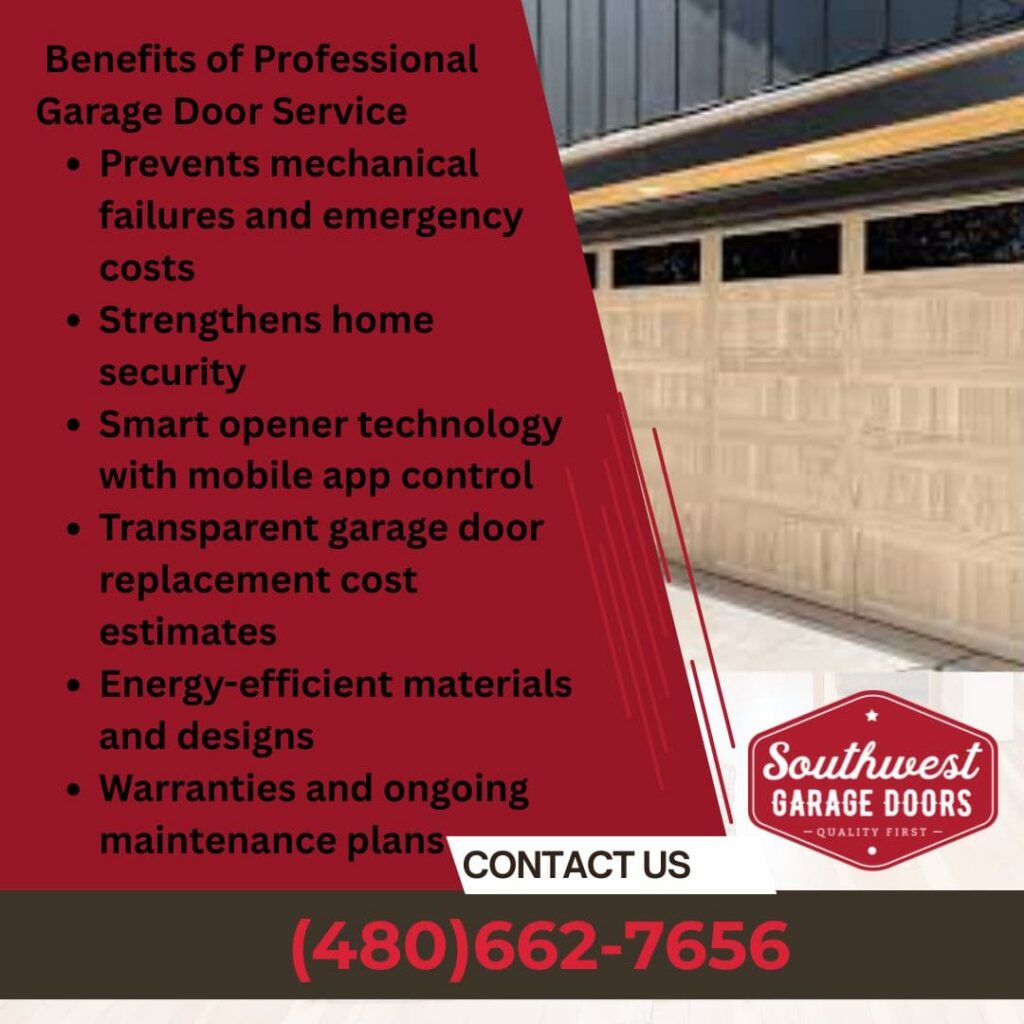 Promotional graphic listing benefits of professional garage door service, including prevention of mechanical failures, strengthened home security, smart opener technology, and energy-efficient materials.