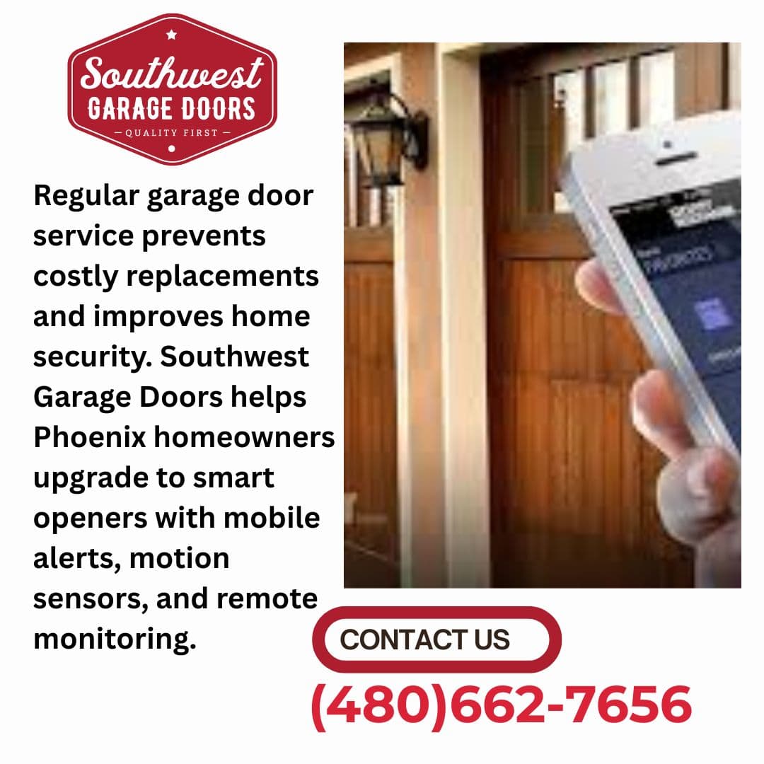 A marketing graphic featuring the logo for Southwest Garage Doors and a clear message: "Regular garage door service prevents costly replacements and improves home security."