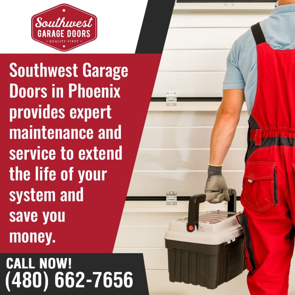 Advertisement showing a technician in red coveralls and gray gloves holding a black toolbox next to a white panel garage door, emphasizing expert maintenance and service.