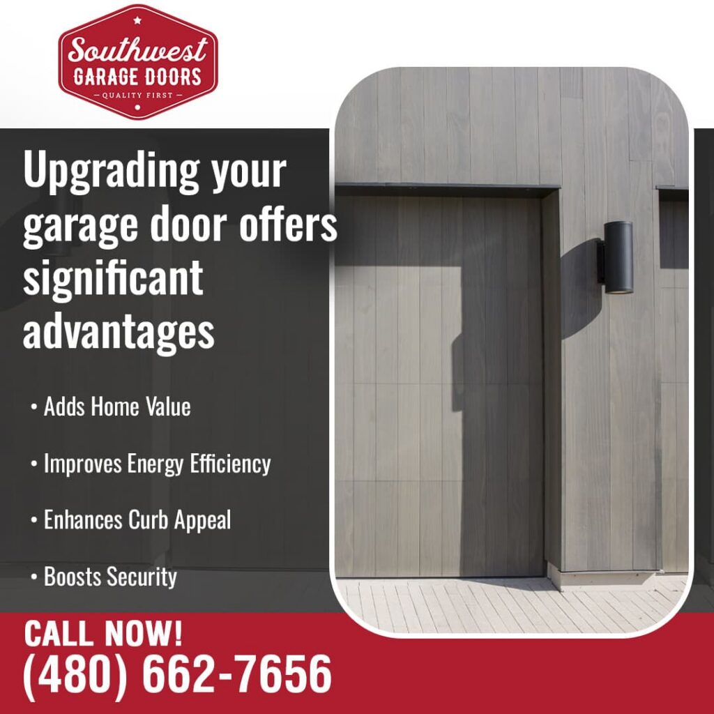 Advertisement for Southwest Garage Doors showing a light-colored wooden slatted garage door on a house with a red overlay featuring the company's promise and phone number.