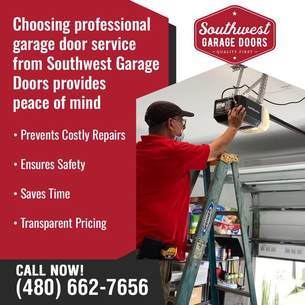 A technician from Southwest Garage Doors, wearing a red shirt and face mask, stands on a ladder and performs maintenance on a garage door opener motor.