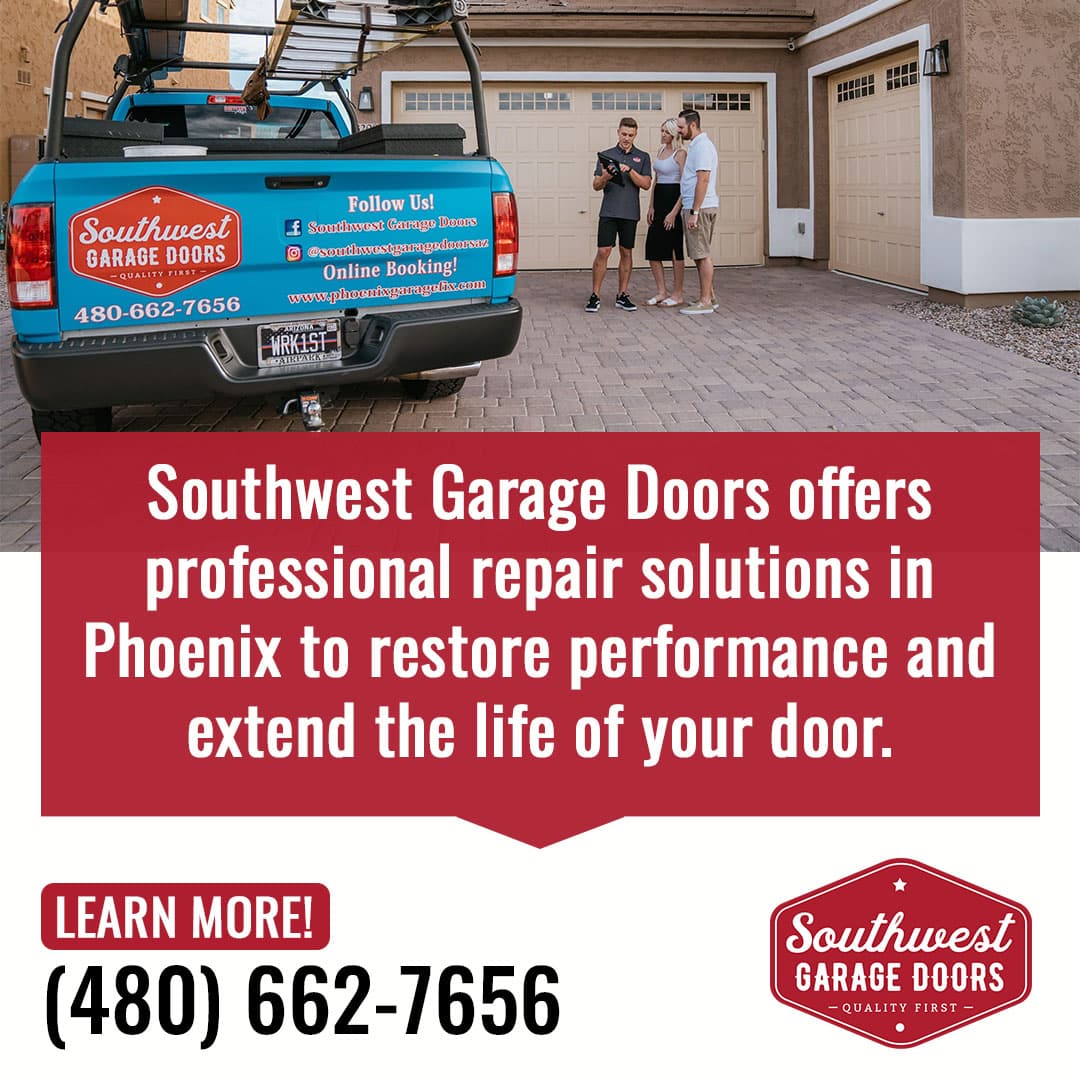 Technician reviewing garage door repair options with homeowners in driveway.
