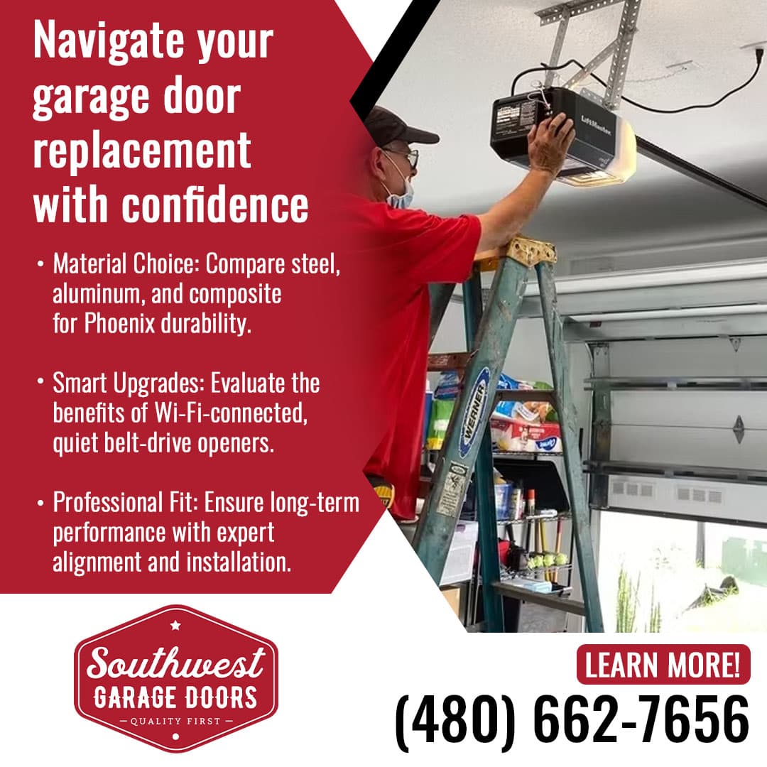 Technician installing LiftMaster garage door opener on ceiling mount.