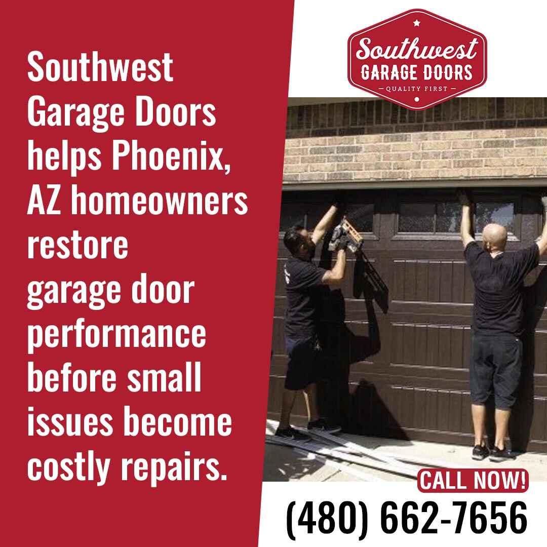 Technicians repairing garage door for Phoenix homeowners to restore performance and prevent costly damage.