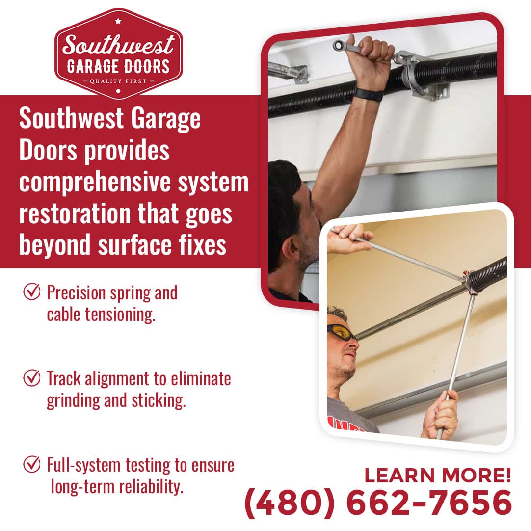 Technician adjusting garage door spring and cable system during repair