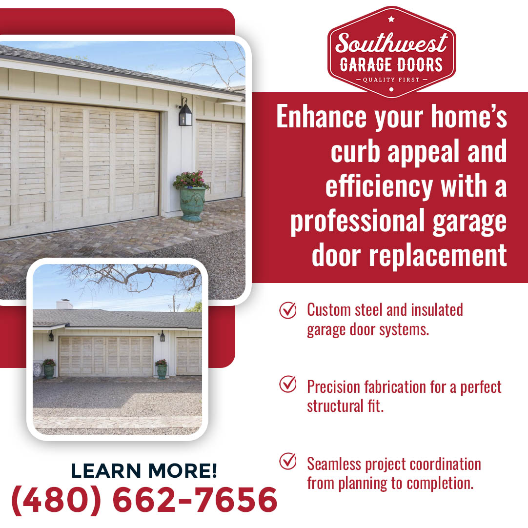 Two views of a home with wood-panel style garage doors alongside a checklist of replacement service features