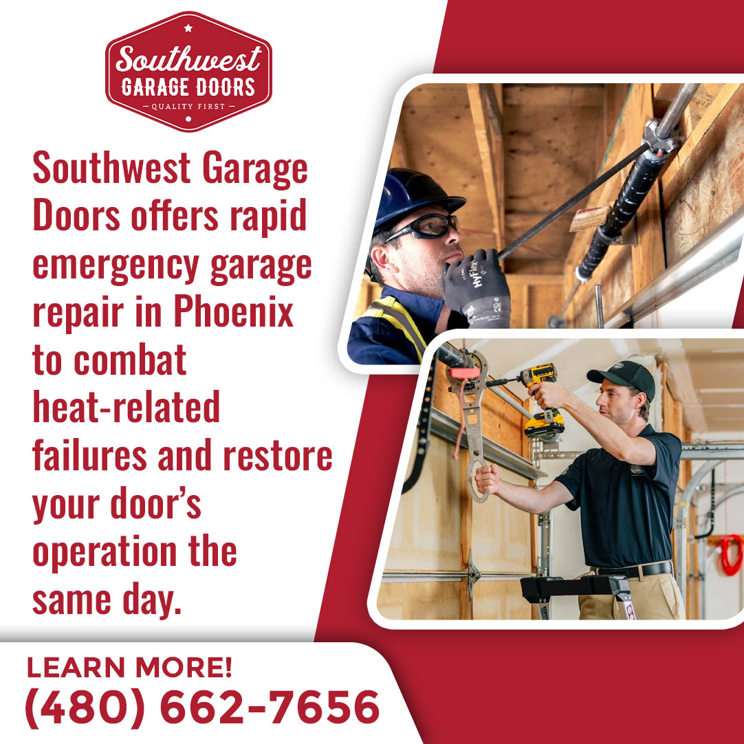 Two technicians repairing garage door springs and hardware for same-day emergency service in Phoenix