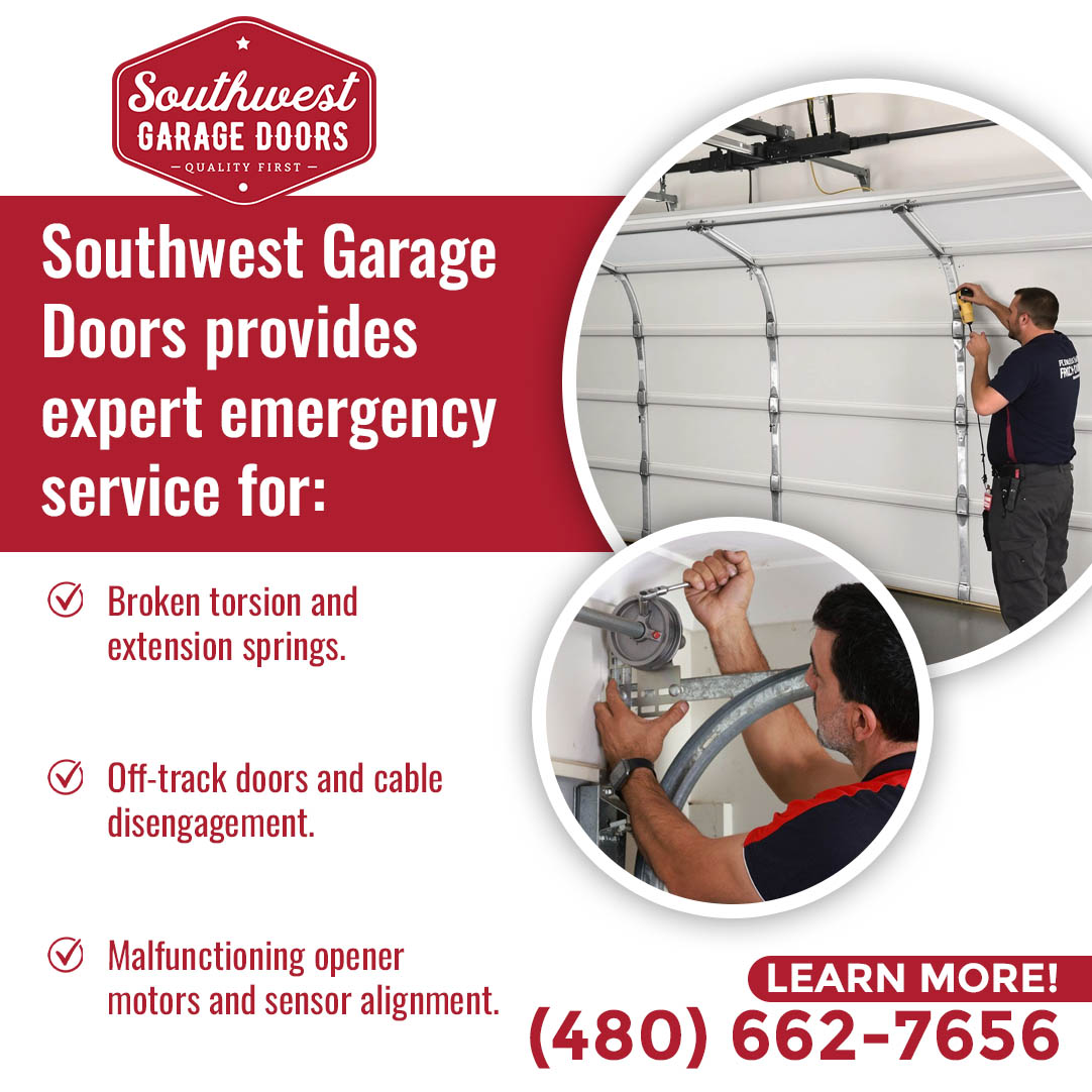 Service ad listing three emergency garage door repair specialties with technicians repairing springs and tracks