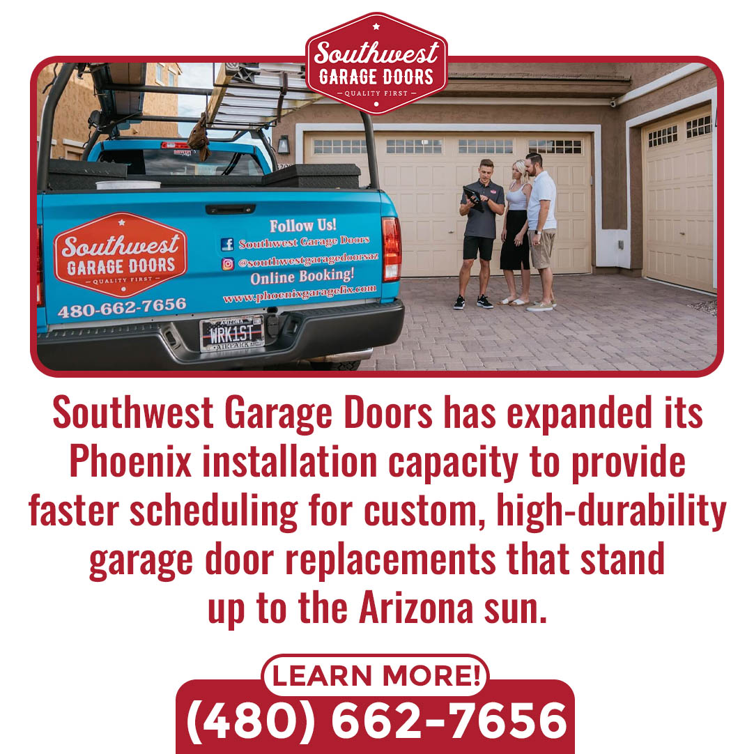 Southwest Garage Doors technician consulting with homeowners in a driveway next to a branded service truck