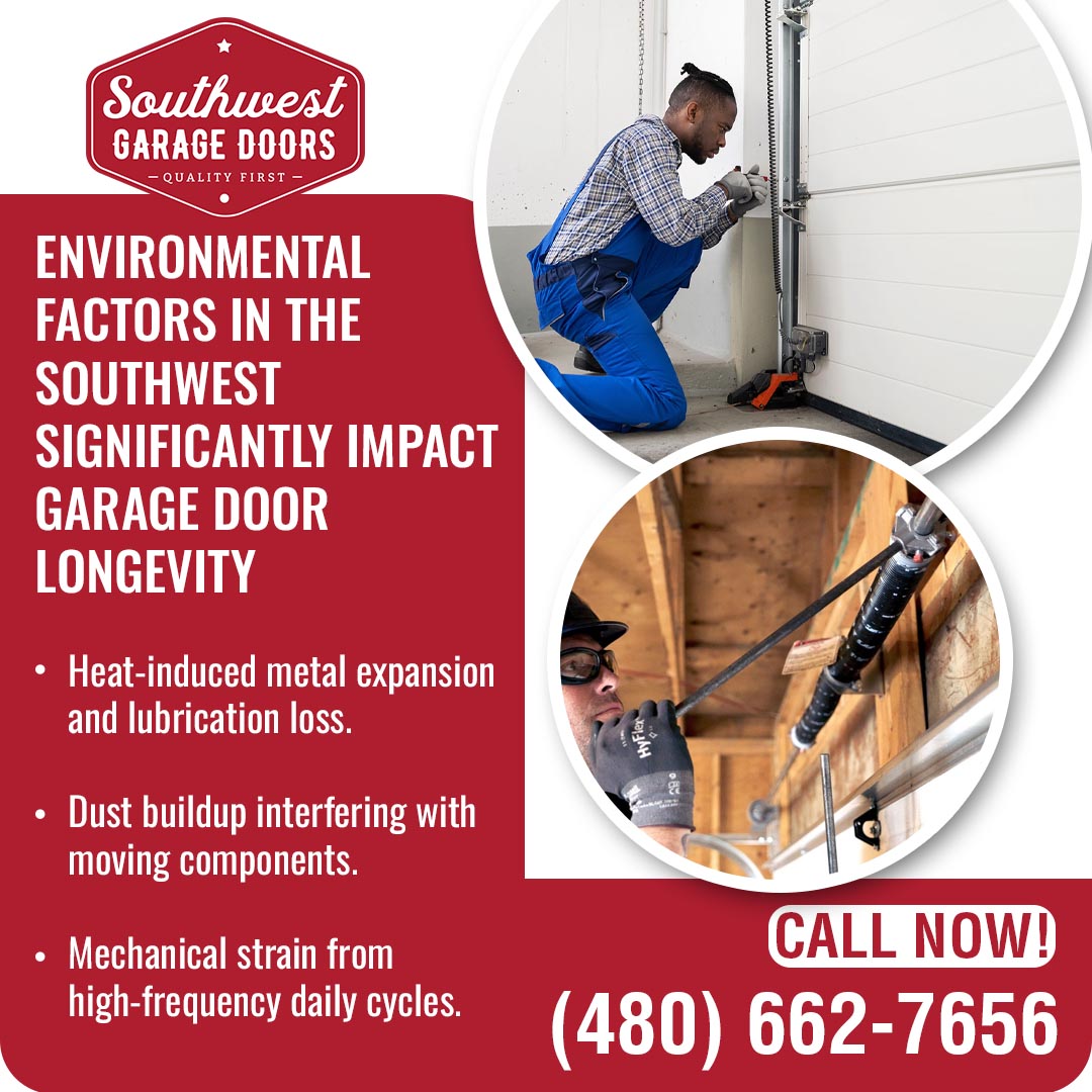 Garage door technicians inspecting springs and hardware to address heat, dust, and wear-related issues affecting garage door performance.