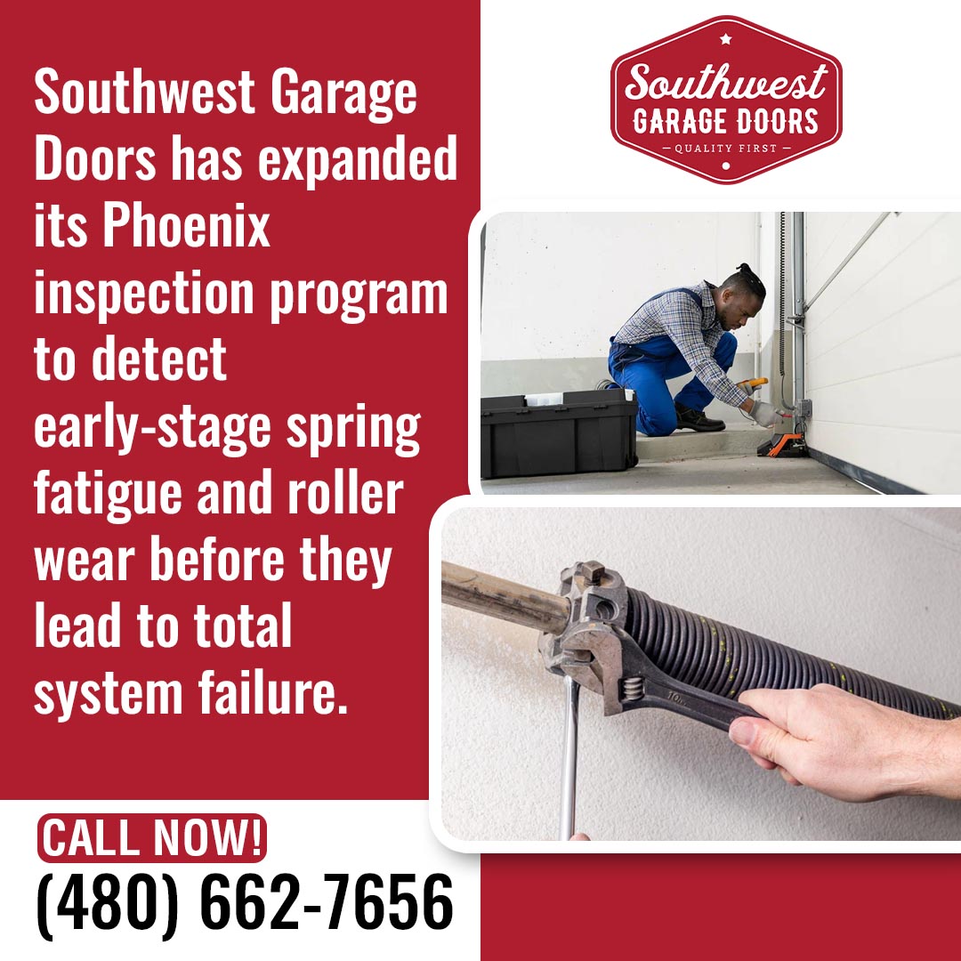 Garage door technician inspecting door components and adjusting a torsion spring system to prevent mechanical failure.