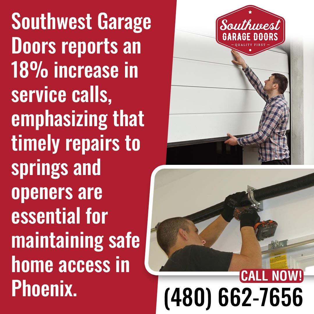 Garage door technicians inspecting a residential garage door and repairing a torsion spring system to restore safe operation.