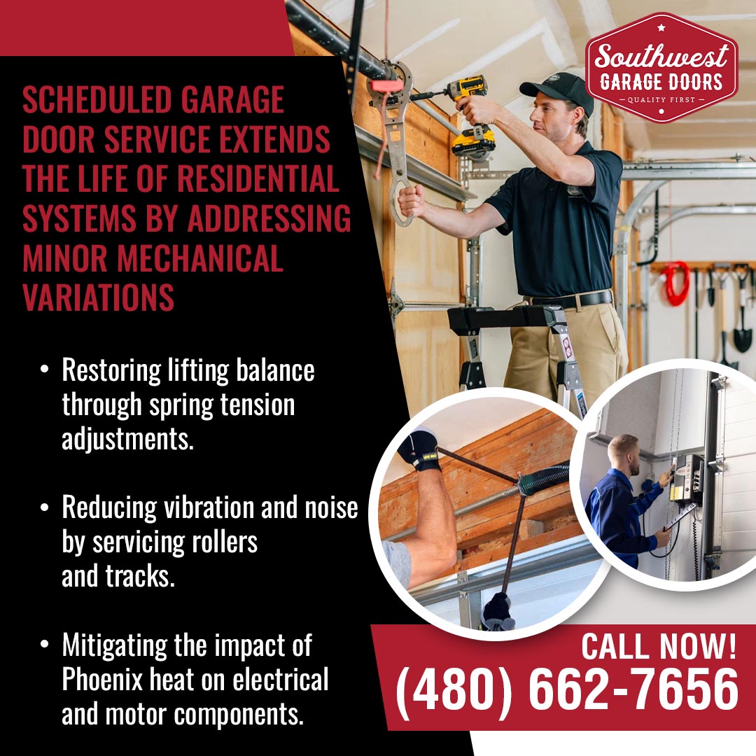 Garage door technician performing maintenance on springs, tracks, and electrical components to improve residential garage door performance.