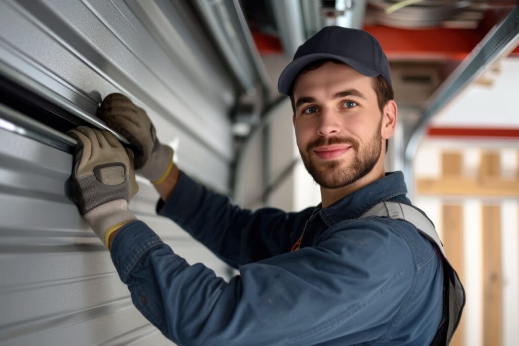 Garage door technician performing a same-day repair on a residential garage door to restore safe and reliable operation.