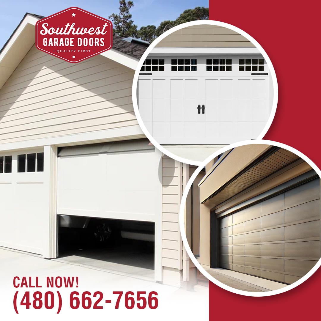 A display of modern garage door styles including carriage-house, sectional opening, and contemporary metallic panels on a Southwest Garage Doors graphic.