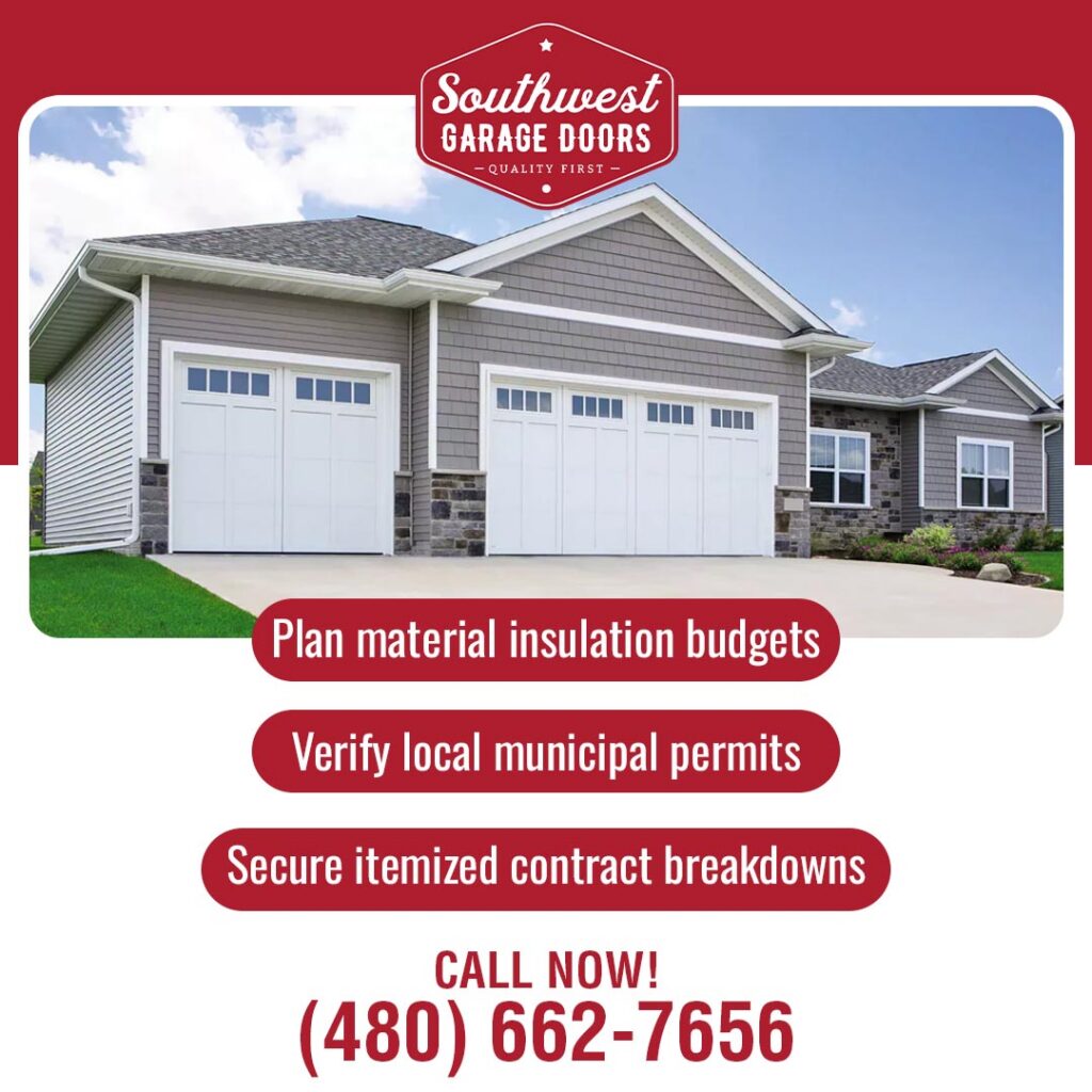 A modern suburban home with white carriage-style garage doors on a Southwest Garage Doors graphic outlining insulation budgets and permit verification.