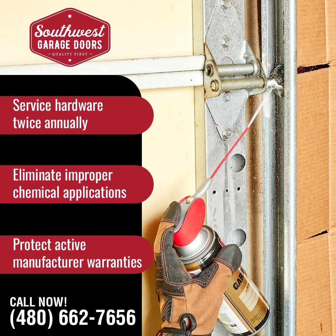 A technician wearing work gloves spraying lubricant onto garage door roller hinges on a Southwest Garage Doors maintenance graphic.