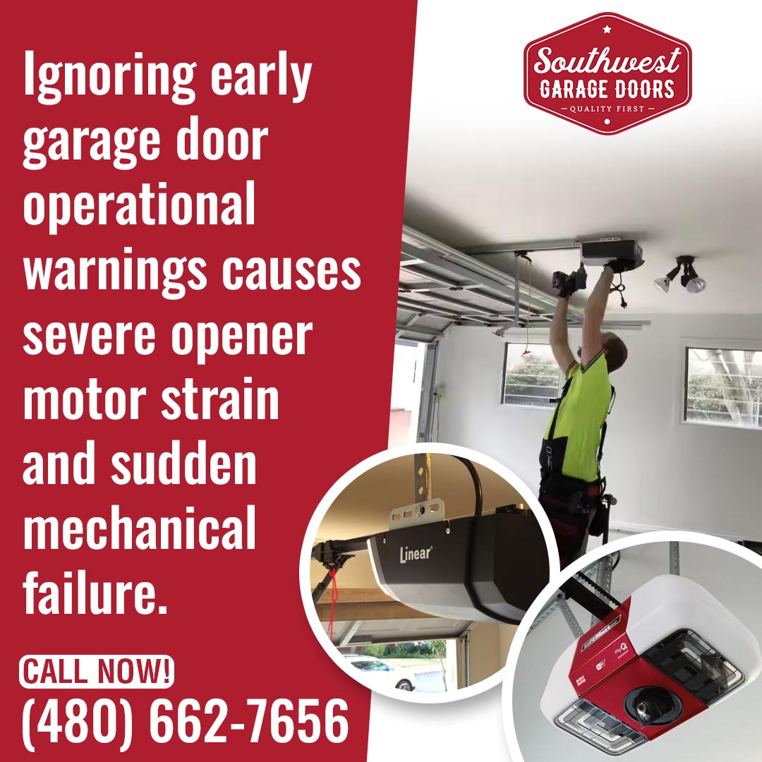 A technician installing an overhead garage door opener next to inset images of Linear and LiftMaster motors, paired with a Southwest Garage Doors promotional graphic.