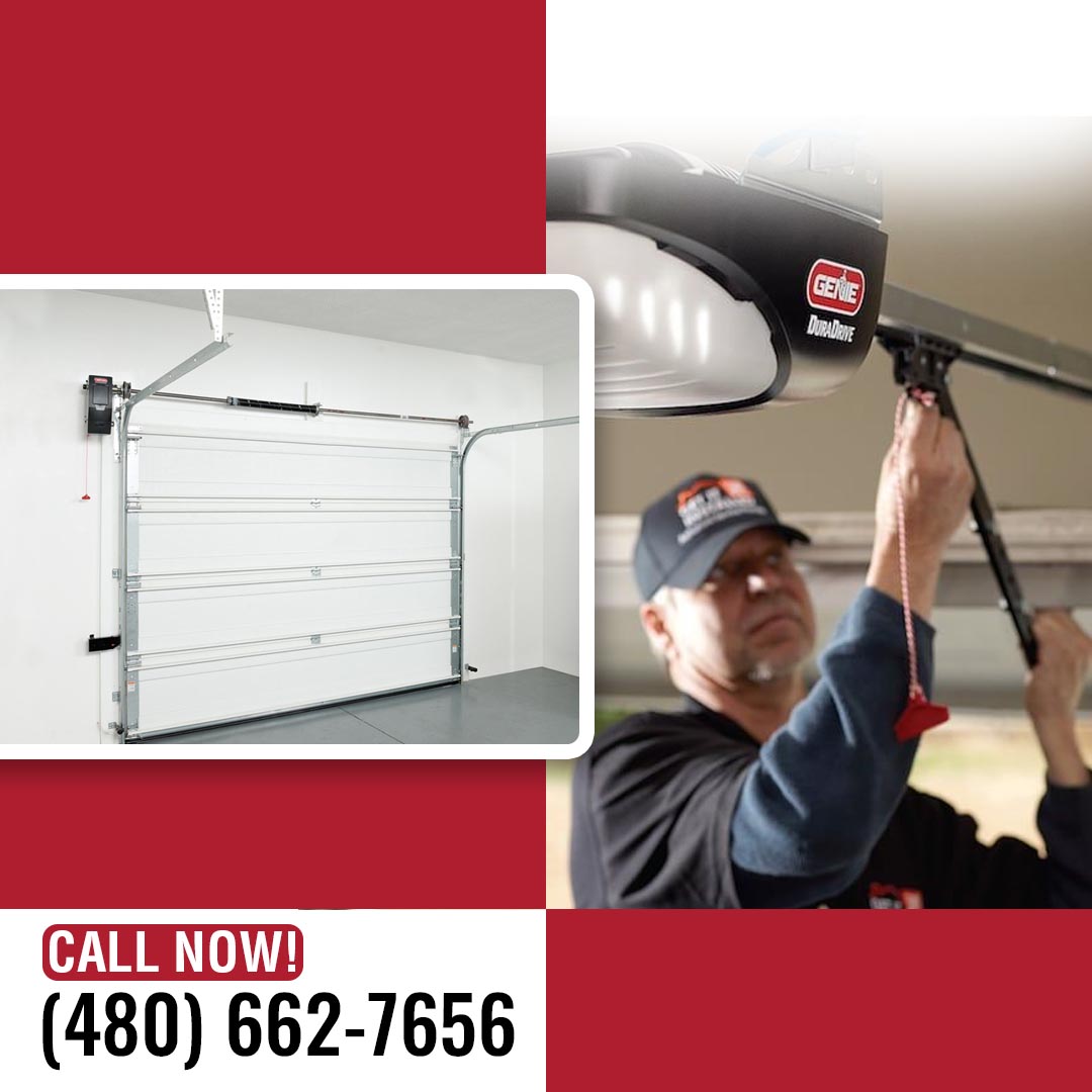 A technician installing a Genie DuraDrive garage door opener alongside an interior view of a white sectional garage door setup.