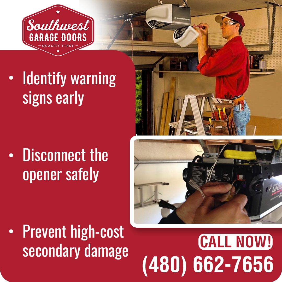 A technician on a ladder servicing a Chamberlain garage door opener next to a close up of hands wiring a LiftMaster motor, set beside a Southwest Garage Doors service checklist.
