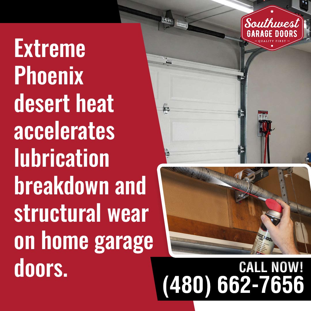 A clean white garage door next to an inset of a hand spraying lube onto a torsion spring, paired with a Southwest Garage Doors warning graphic.