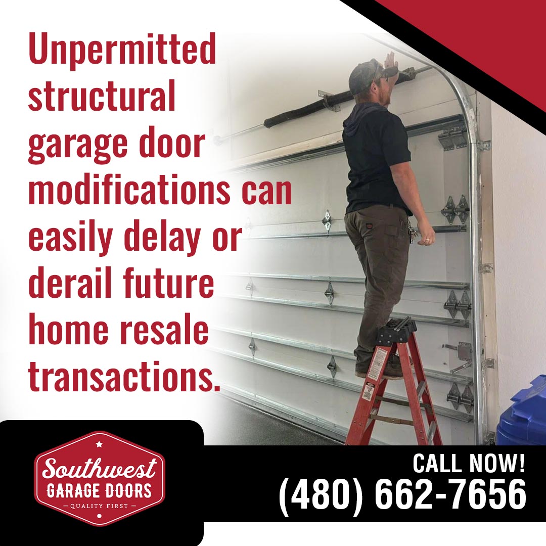 A technician standing on a red stepladder inspecting a white sectional garage door next to a Southwest Garage Doors warning graphic about home resale delays.