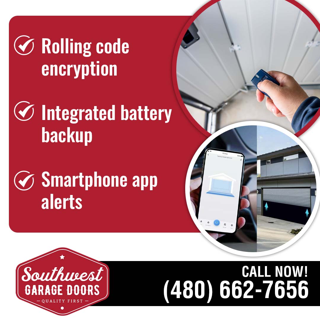 Circular insets showing a hand using a remote inside a garage, and a smartphone app controlling an opening residential garage door.