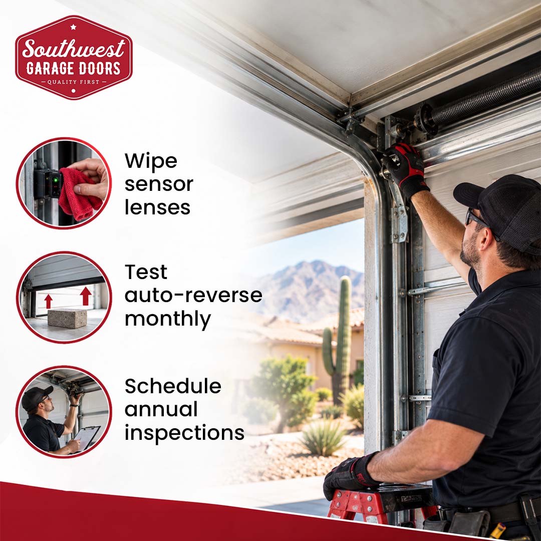 Garage Door Safety Checkpoints & Annual Maintenance Technician on a ladder adjusting overhead garage door hardware with insets detailing sensor wiping, monthly auto-reverse testing, and annual inspections.