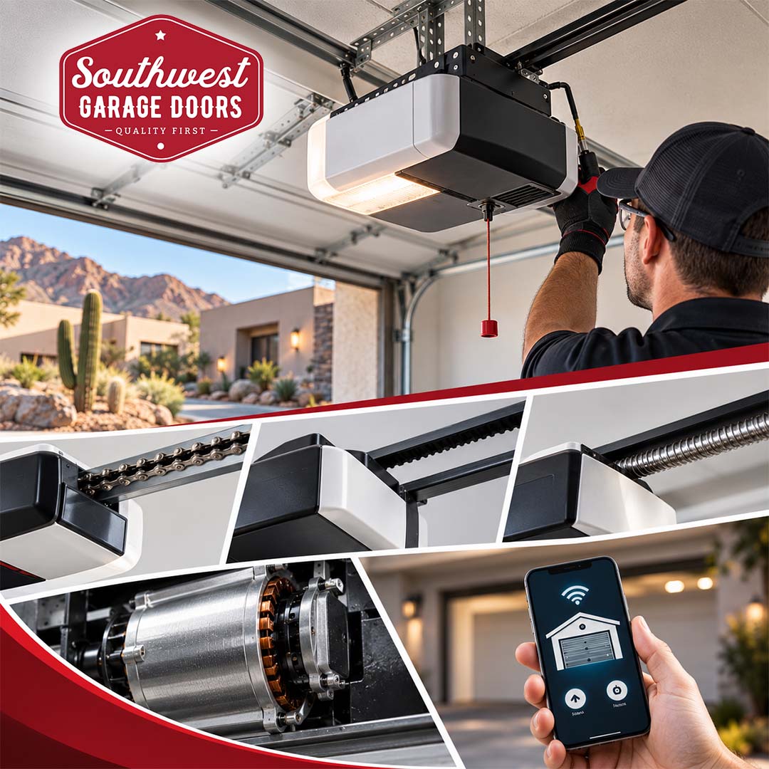 Garage door technician reaching up toward an overhead opener motor, bordered by lower panels highlighting chain, belt, and screw drives, an electric motor coil, and a smart control app.