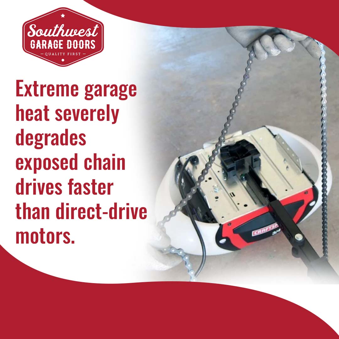 Hands in work gloves holding and inspecting a slack metal drive chain suspended over a Craftsman garage door opener motor.