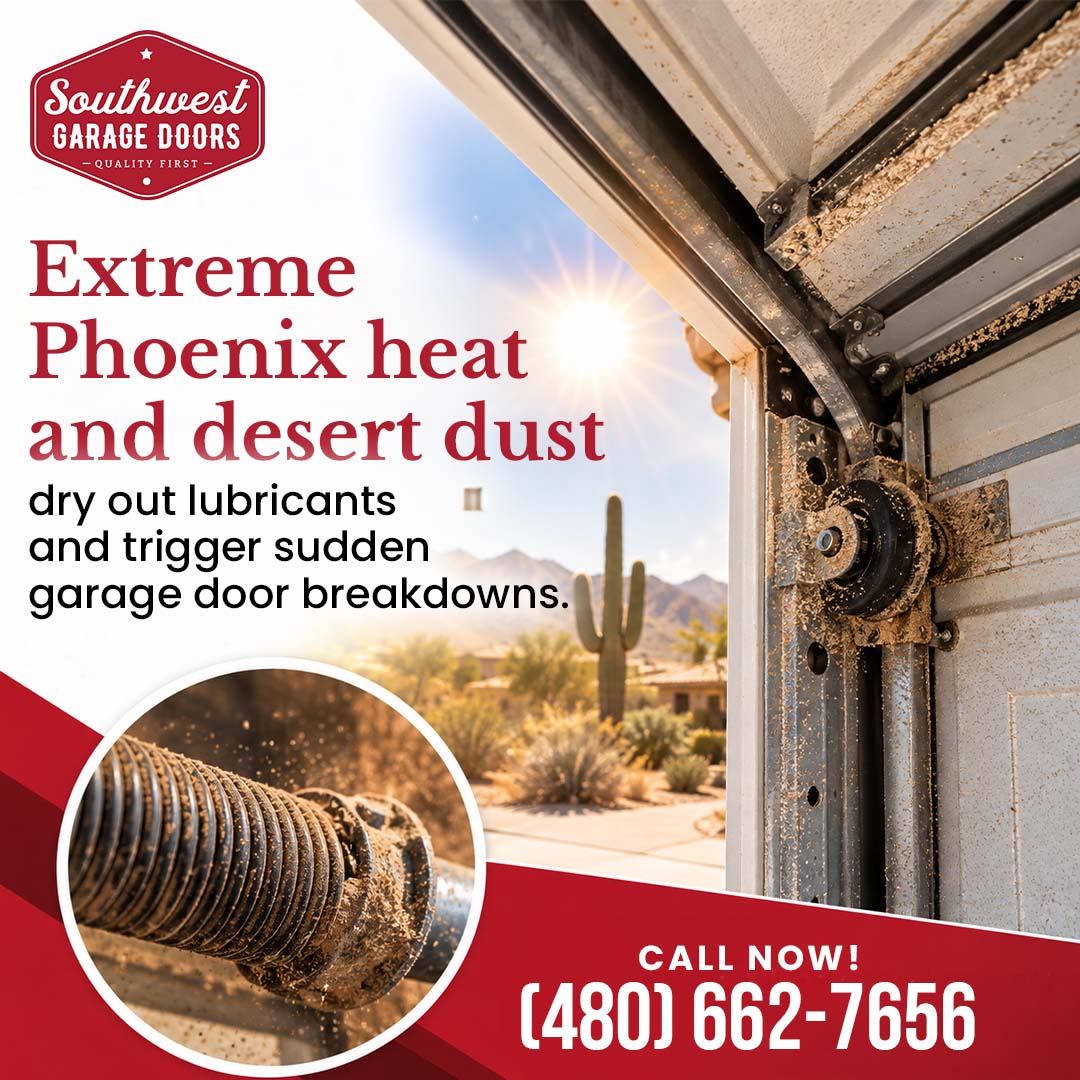 Dusty garage door roller bracket and track looking out toward a sunlit Phoenix desert landscape, paired with a circular inset of a dried, grime-covered torsion spring.