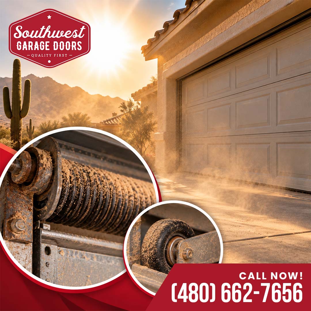 Residential garage exterior in a sunny desert setting with circular insets highlighting a dust-caked torsion spring and grit-covered track roller wheel.