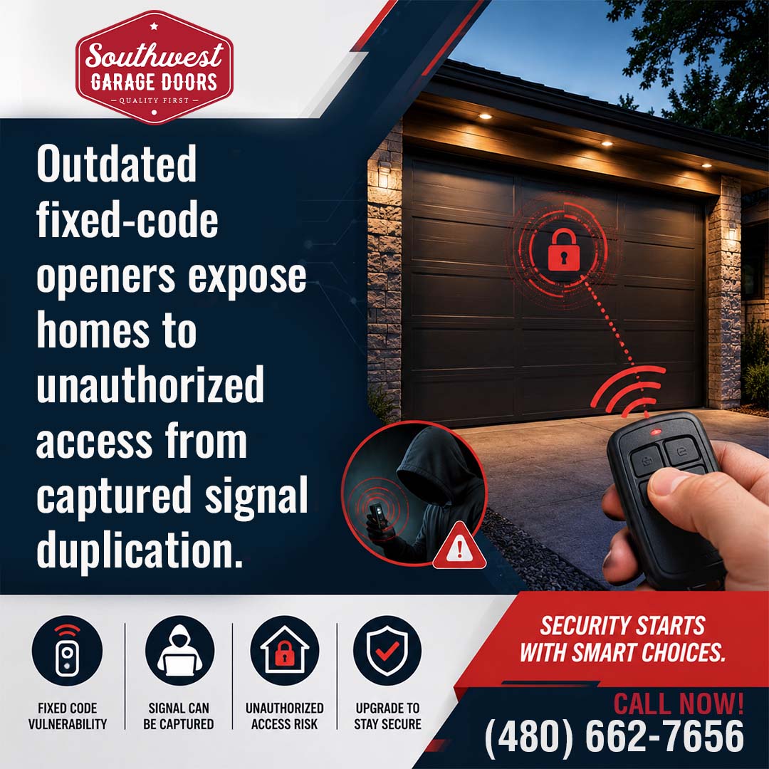 Person holding a remote control pointing toward a residential garage door at night, showing a lock icon graphic and an inset of an intruder attempting signal duplication