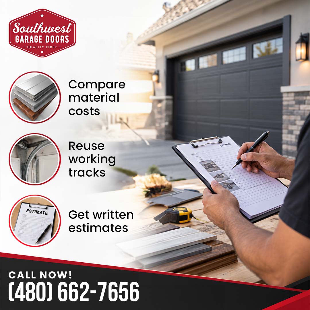 Professional technician writing on an estimate clipboard outside a home with material samples and an installed dark gray garage door in the background, accompanied by three feature icons.