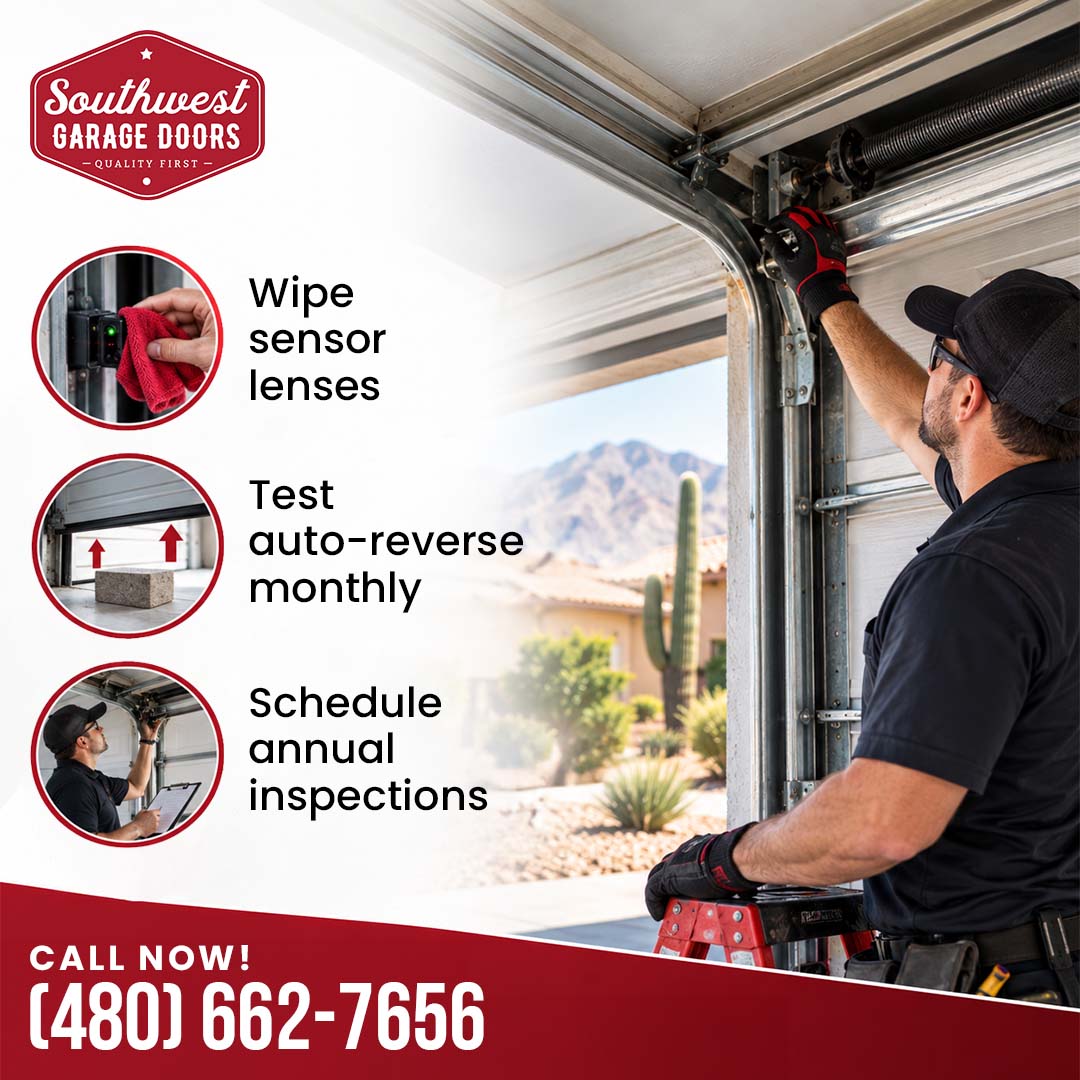 Technician on a ladder adjusting overhead garage door hardware with insets detailing sensor wiping, monthly auto-reverse testing, and annual inspections.