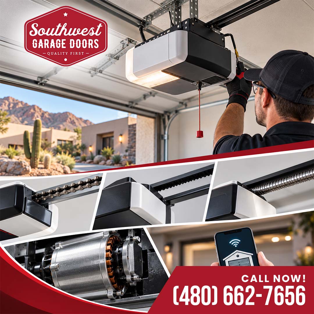 Garage door technician reaching up toward an overhead opener motor, bordered by lower panels highlighting chain, belt, and screw drives, an electric motor coil, and a smart control app.
