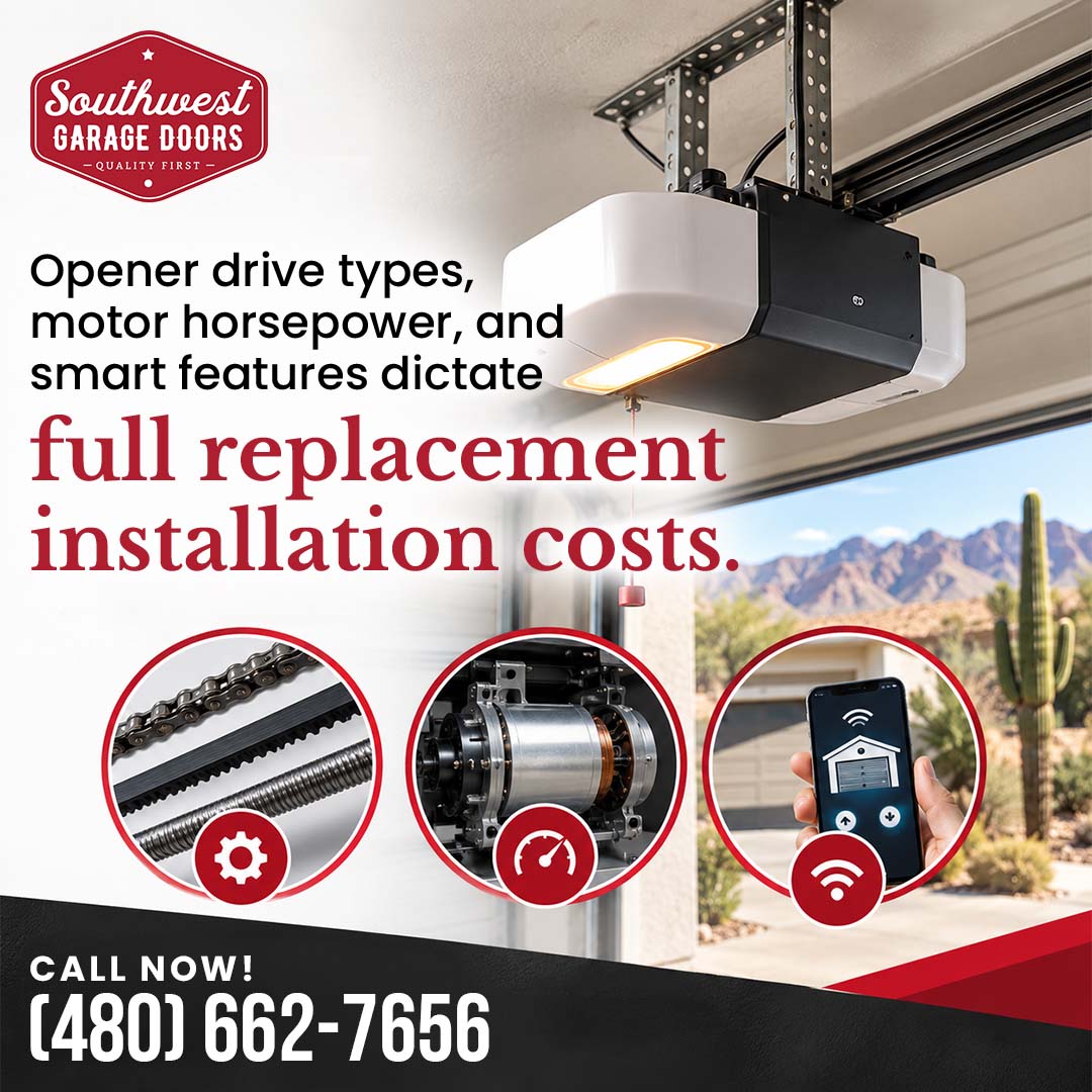 Ceiling-mounted automatic garage door opener overlooking a desert landscape, paired with circular insets showing drive types (chain, belt, screw), an electric motor assembly, and a smartphone smart-opener app.