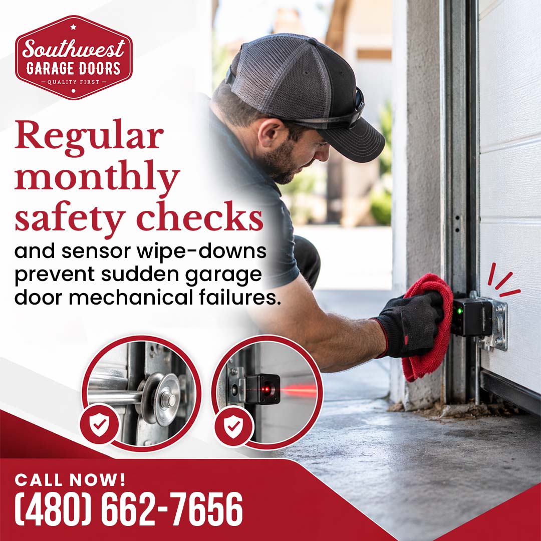Garage door technician wearing gloves kneeling to clean an infrared safety sensor with a red cloth, accompanied by insets of a clean steel roller and aligned photo-eye sensor beam.