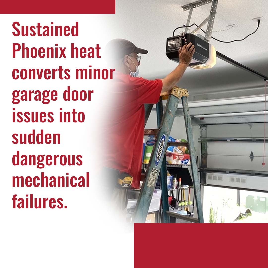Technician standing on a stepladder inspecting and servicing an overhead LiftMaster garage door opener inside a residential garage.
