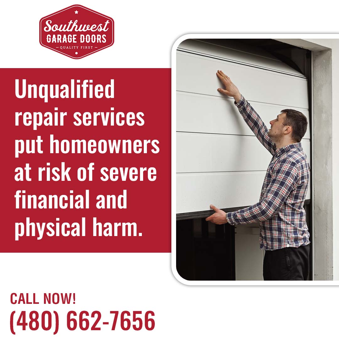 Man in a plaid shirt attempting to manually push open a stuck white overhead garage door.