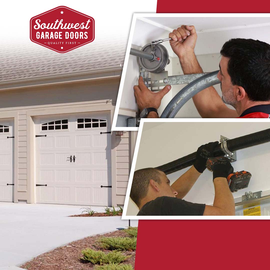 Residential home with carriage-house garage doors alongside insets of technicians adjusting a cable drum with a ratchet and installing an overhead torsion spring