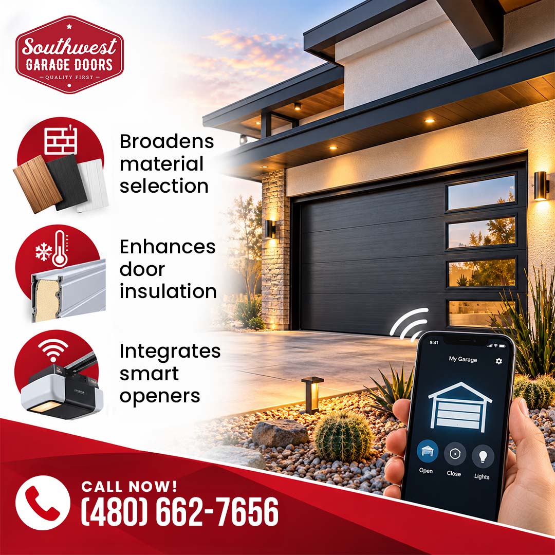Modern residential home with a sleek charcoal overhead garage door and vertical window panels, featuring three circular feature icons detailing material finishes, foam core insulation, and smart opener integration with a hand holding an active smartphone controller.