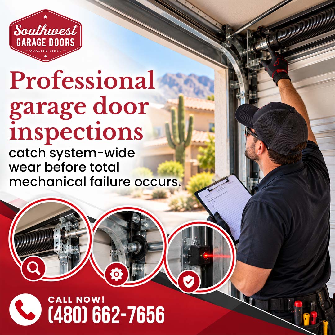 Garage door service technician adjusting an overhead torsion spring and cable assembly, flanked by three circular feature icons detailing smooth door movement, quiet mechanical operation, and aligned green safety sensors.