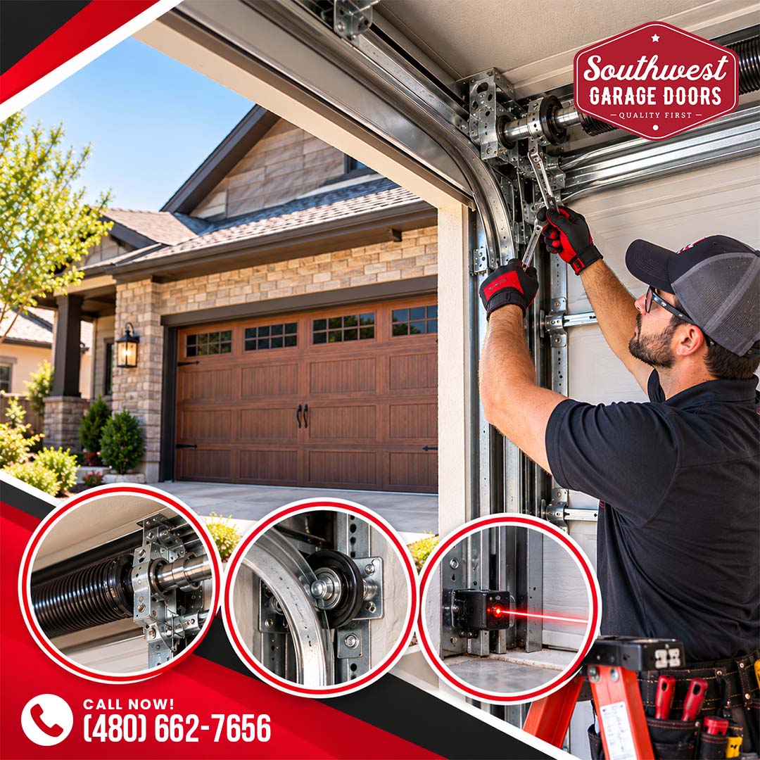 Garage door service technician adjusting overhead track hardware with a wrench on a residential garage door, with circular insets highlighting a torsion spring assembly, track roller mechanism, and an aligned red laser photo-eye safety sensor.