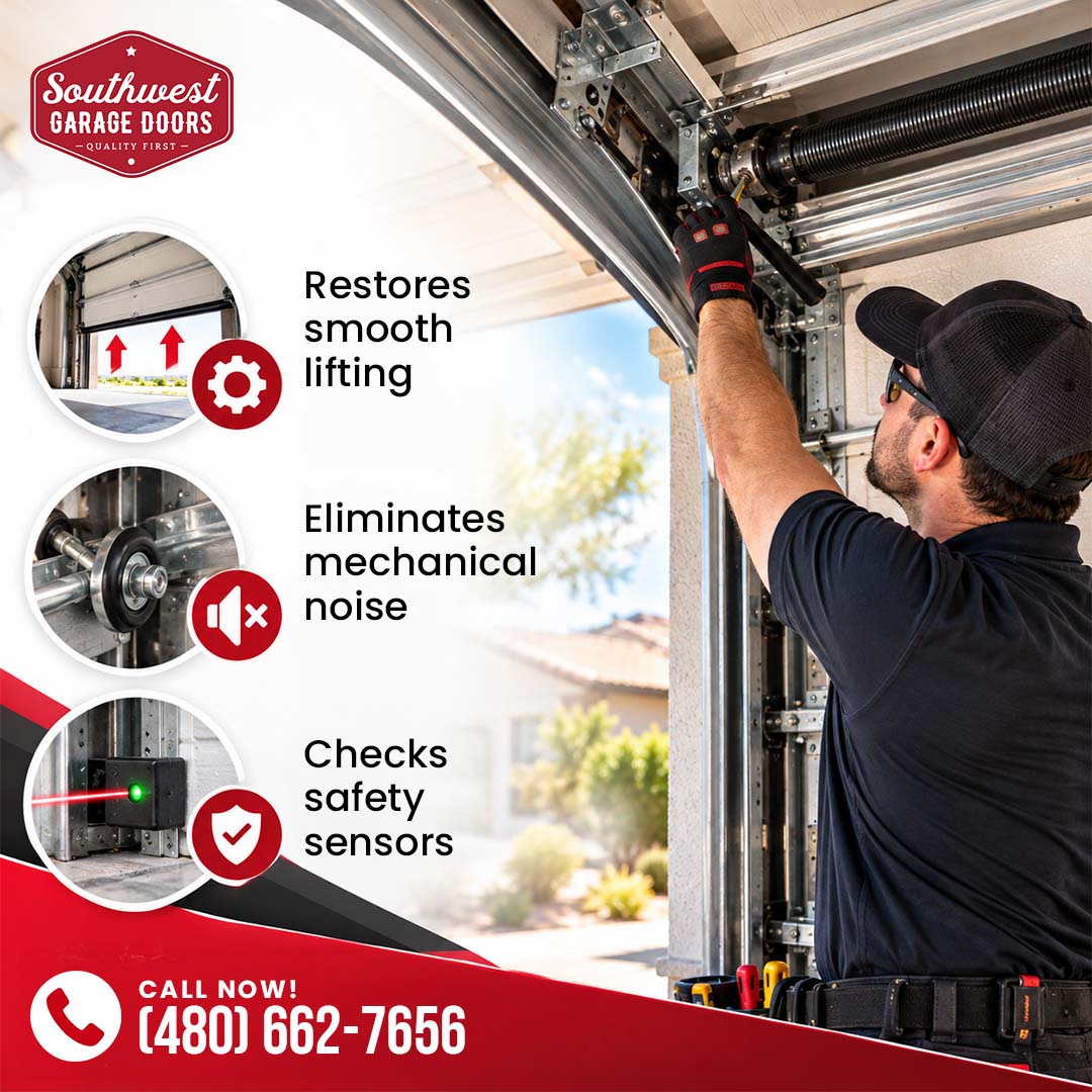 Garage door service technician adjusting an overhead torsion spring and cable assembly, flanked by three circular feature icons detailing smooth door movement, quiet mechanical operation, and aligned green safety sensors.
