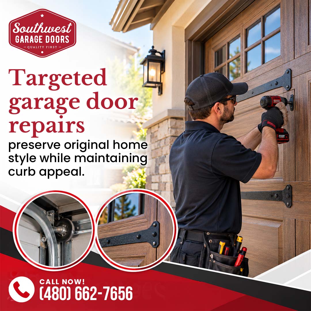 Garage door technician using a power drill on decorative carriage house hardware, with circular insets showing overhead track rollers and an ornamental black iron strap hinge.